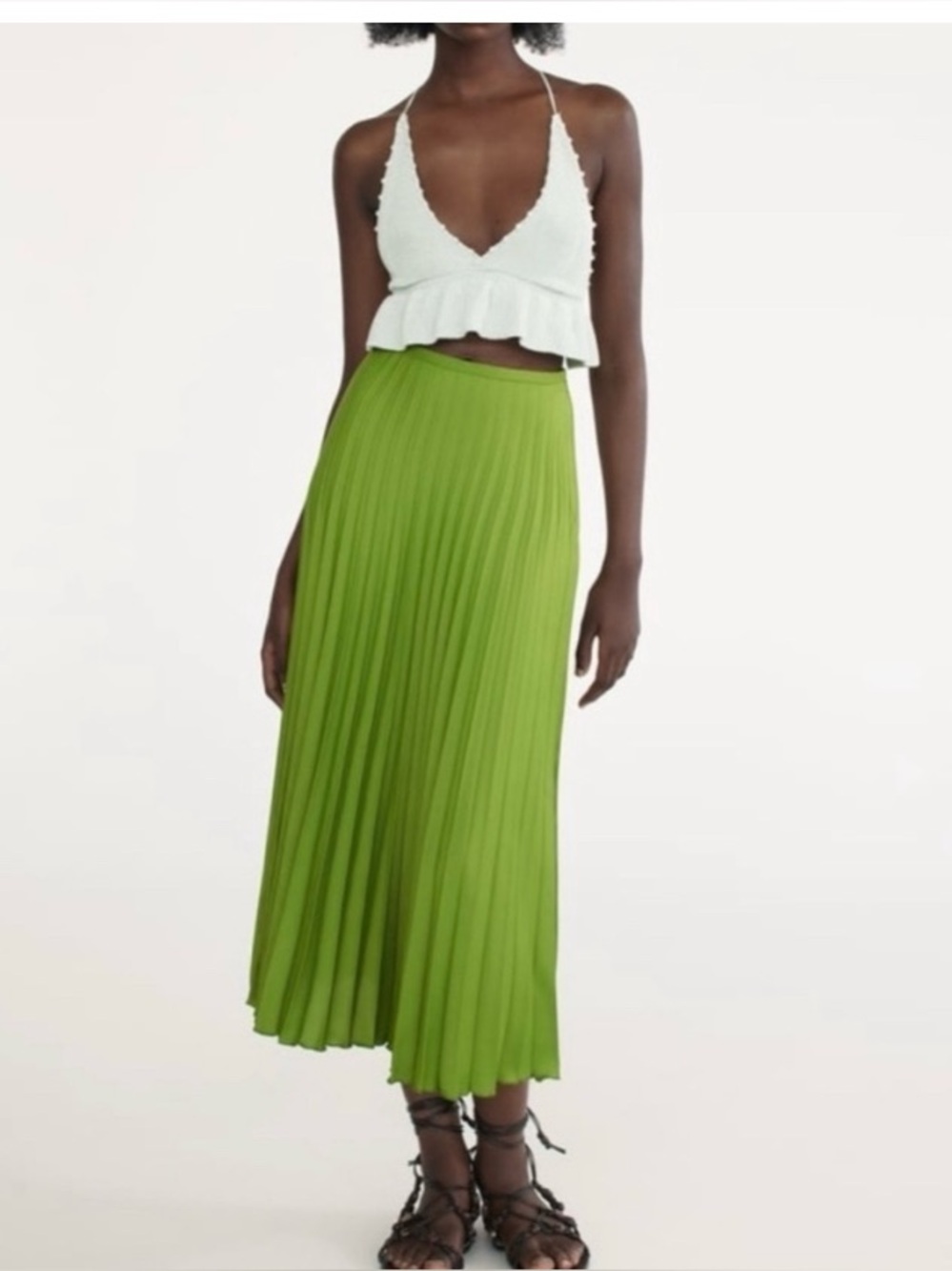 Zara Lime Green Pleated Midi Skirt